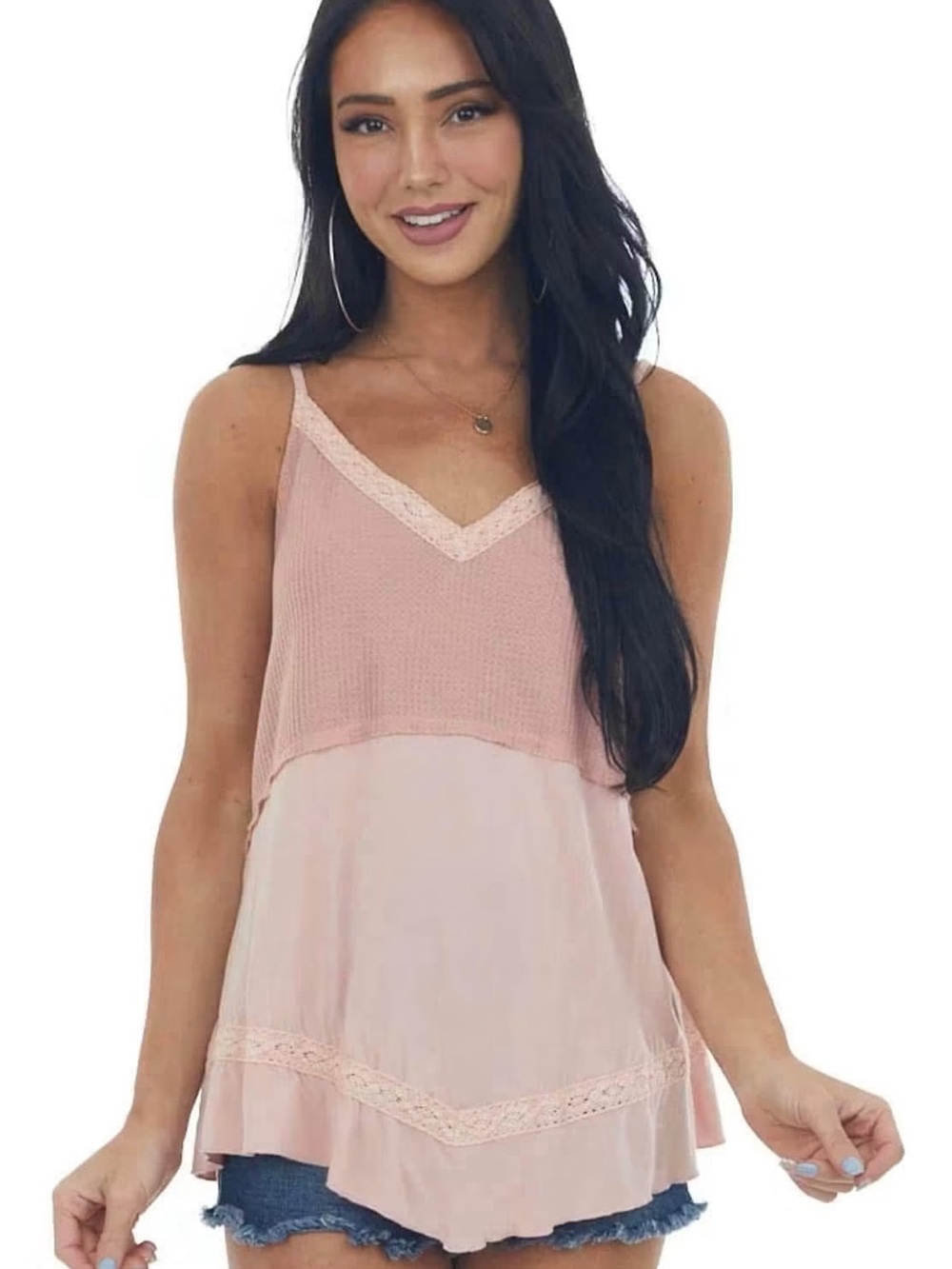 Women’s Pink Lace-Trimmed V-Neck Cami Tank Top